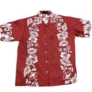 ODO Shirt Men XLarge Red White Floral Tropical Hibiscus Aloha‎ Casual VTG